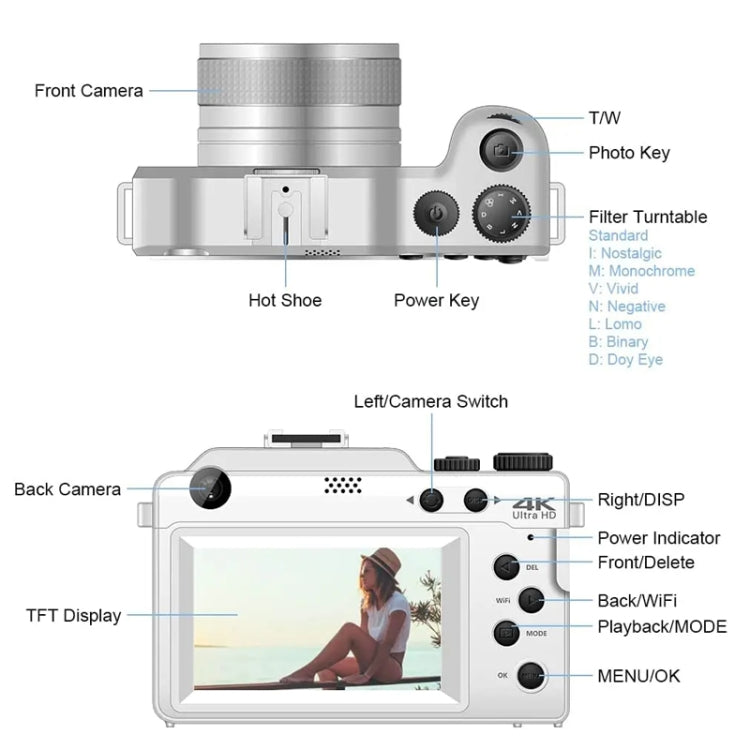3-Inch Display Digital Camera Dual Front And Rear Cameras 48MP, 18x Digital Zoom 4K HD Camcorder, White, Black 3-Inch Display Digital Camera Dual Front And Rear Cameras 48MP, 18x Digital Zoom 4K HD Camcorder, White, Black